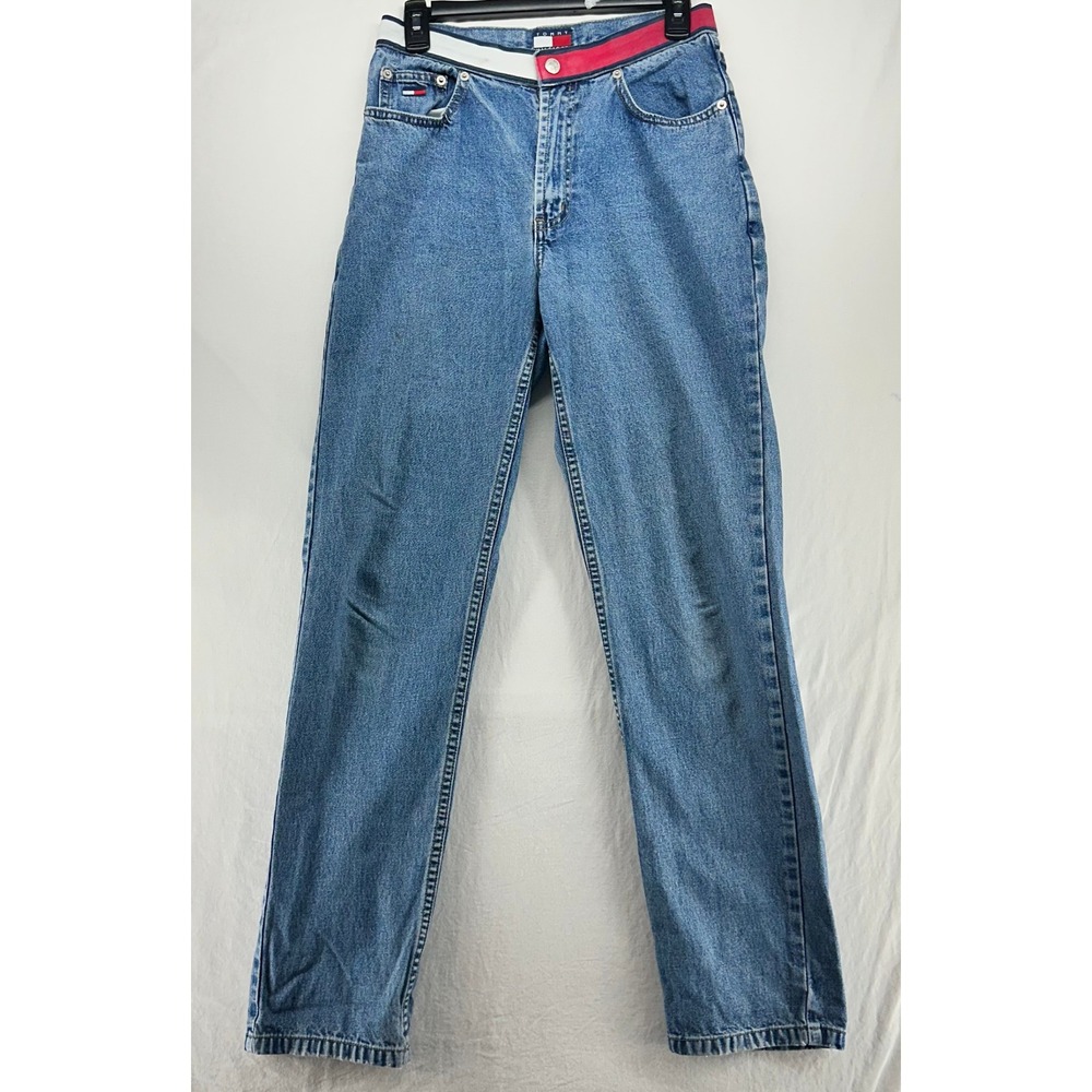 Vintage Tommy Hilfiger Logo Waistband Straight Leg Jeans Medium Wash Blue Size 6